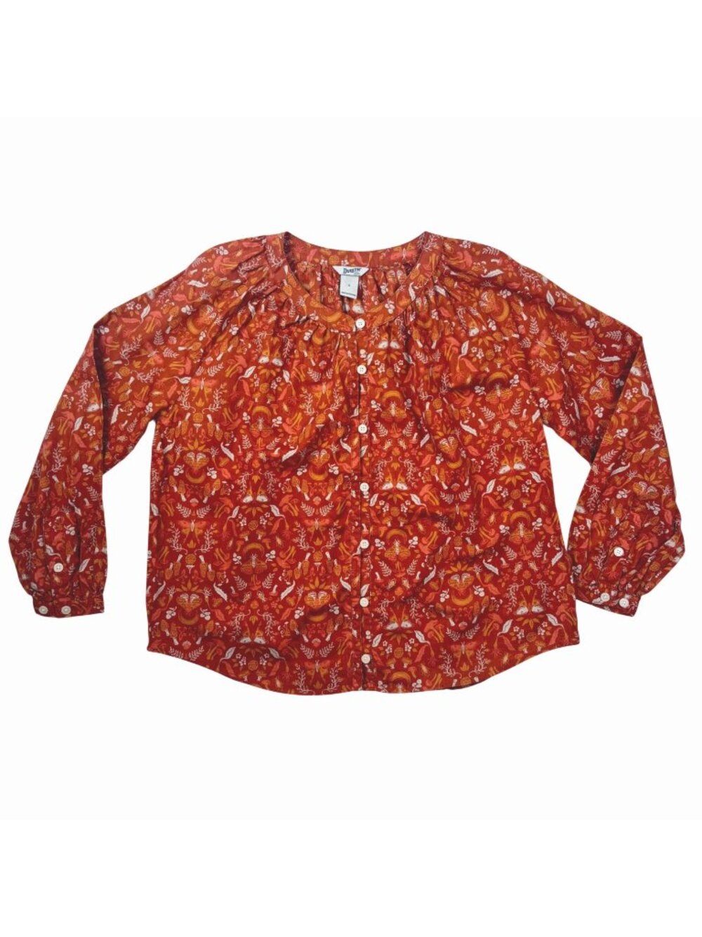 Duluth S Button Long Sleeve Blouse Mushroom Moth Print 100% Cotton Whimsical